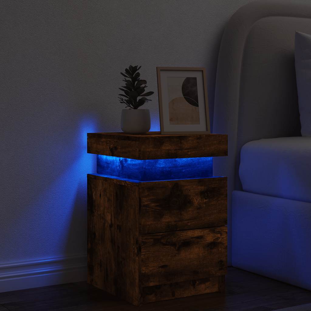 vidaXL Bedside Cabinet with LED Lights Smoked Oak 35x39x55 cm 4