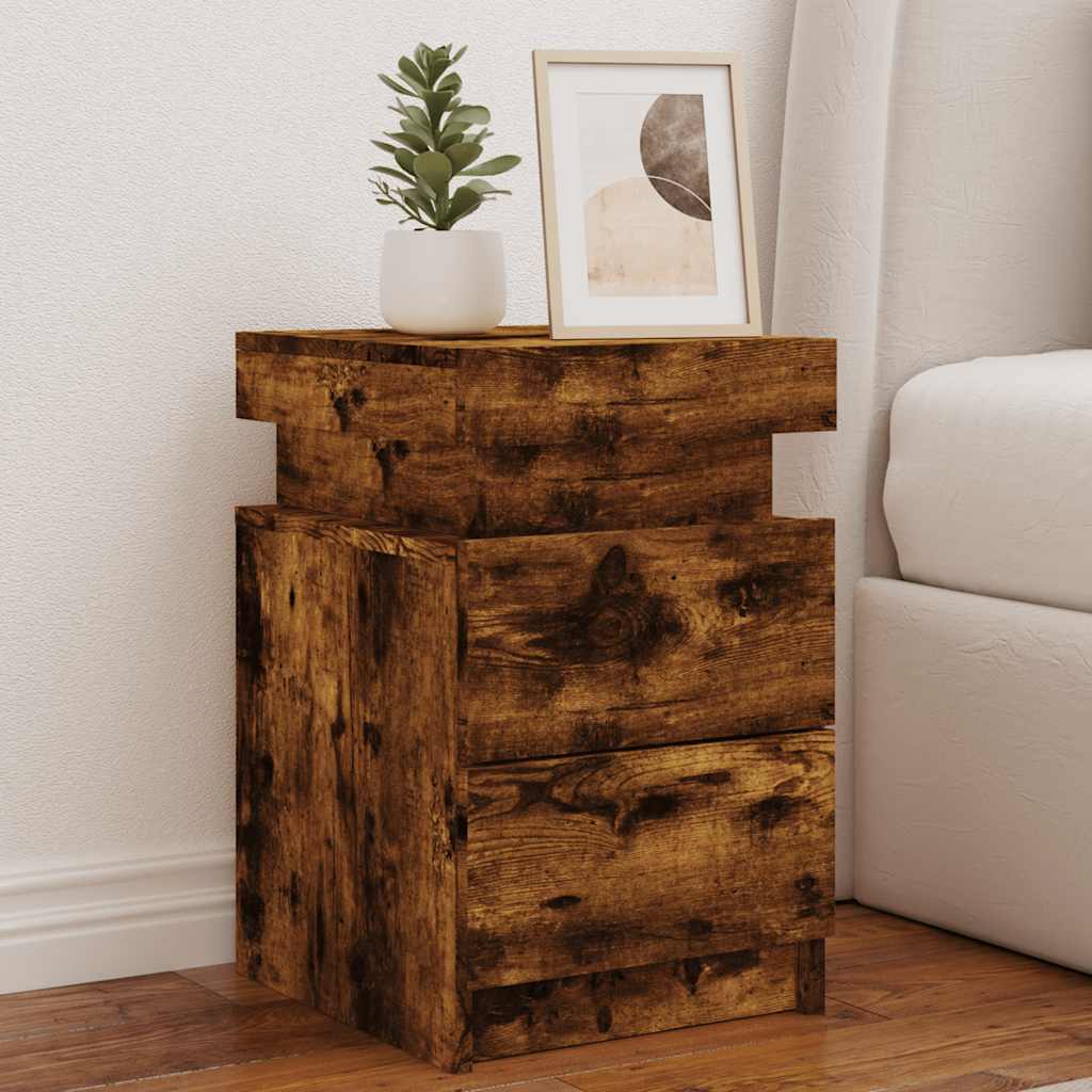vidaXL Bedside Cabinet with LED Lights Smoked Oak 35x39x55 cm 1