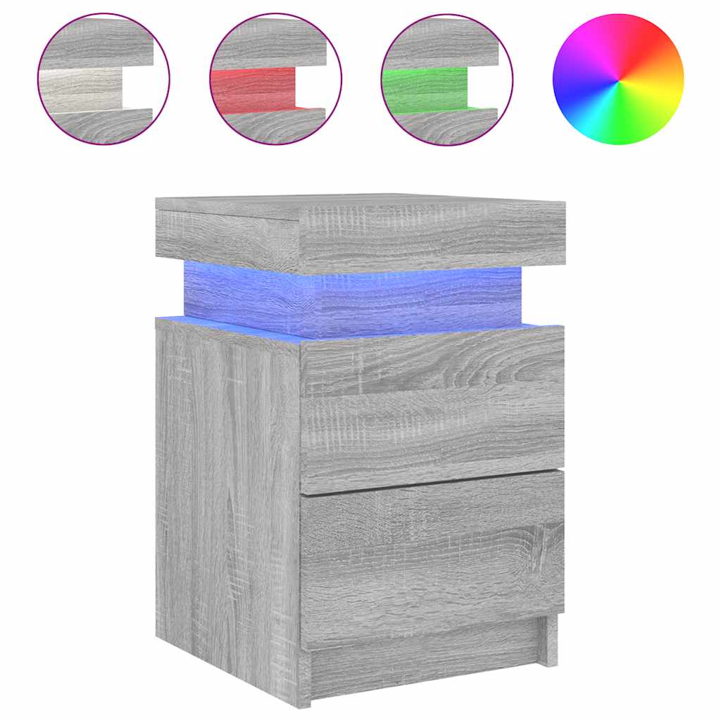 vidaXL Bedside Cabinet with LED Lights Grey Sonoma 35x39x55 cm 2