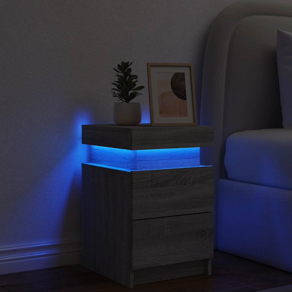 vidaXL Bedside Cabinet with LED Lights Grey Sonoma 35x39x55 cm 4