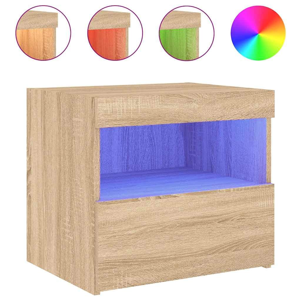 vidaXL Bedside Cabinet with LED Lights Sonoma Oak 50x40x45 cm 2