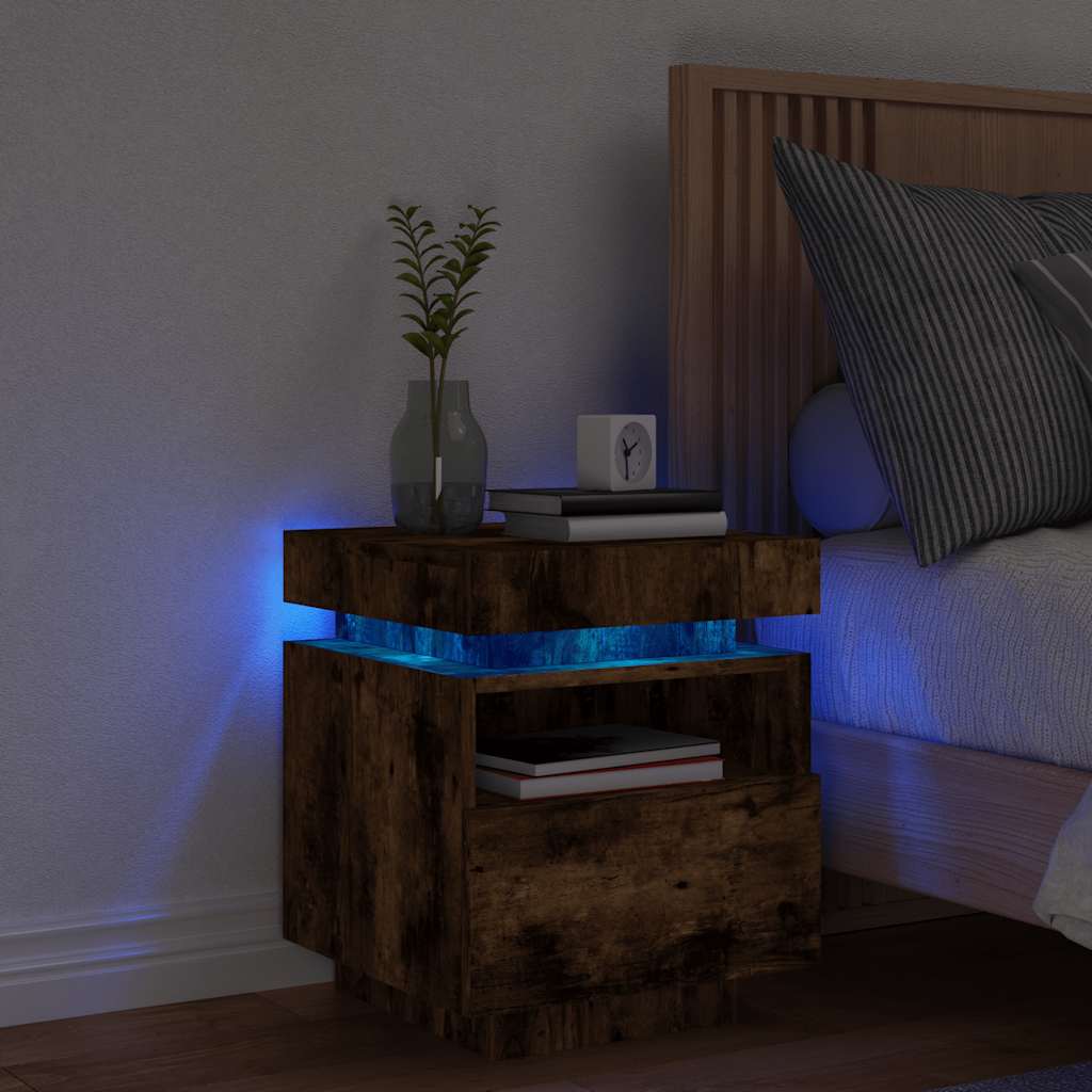 vidaXL Bedside Cabinet with LED Lights Smoked Oak 40x39x48,5 cm 1