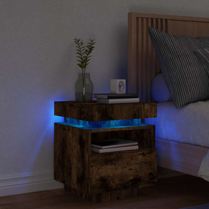 vidaXL Bedside Cabinet with LED Lights Smoked Oak 40x39x48,5 cm 1