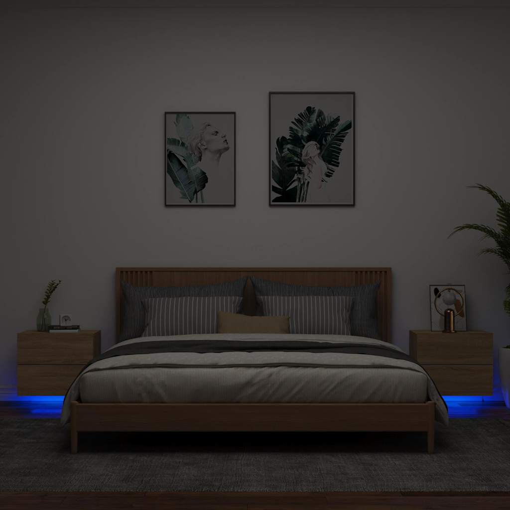 vidaXL Wall-mounted Bedside Cabinets with LED Lights 2 pcs Sonoma Oak 1