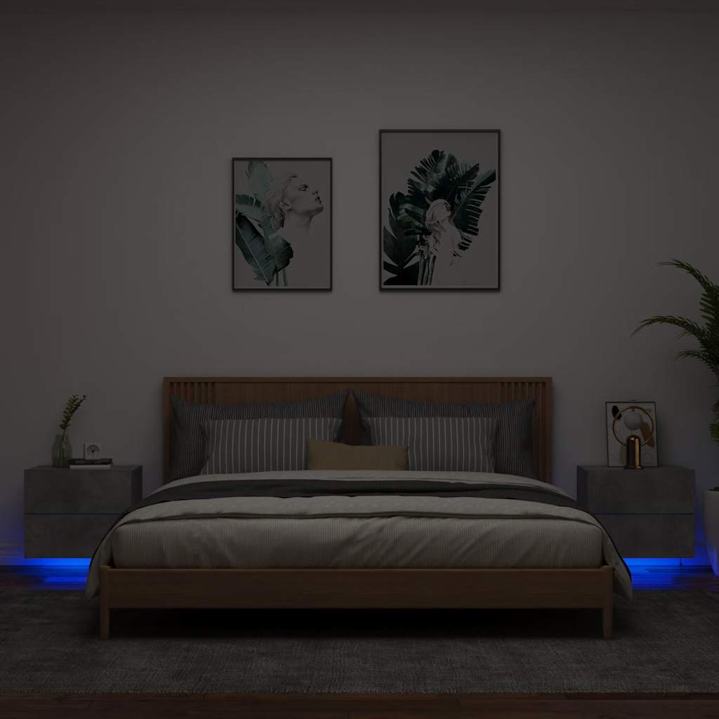 Wall-mounted Bedside Cabinet with LED Lights Concrete grey 2