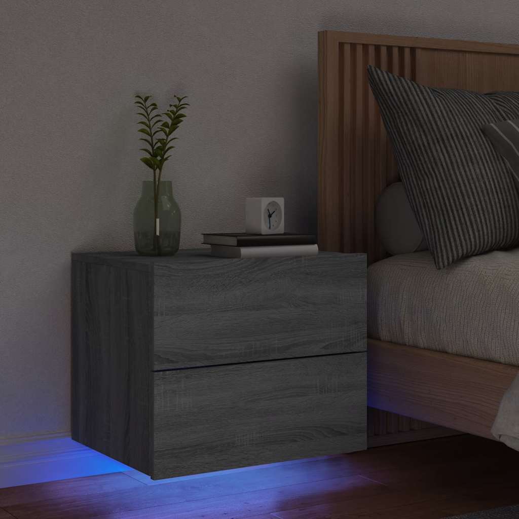 vidaXL Wall-mounted Bedside Cabinet with LED Lights Grey Sonoma 1