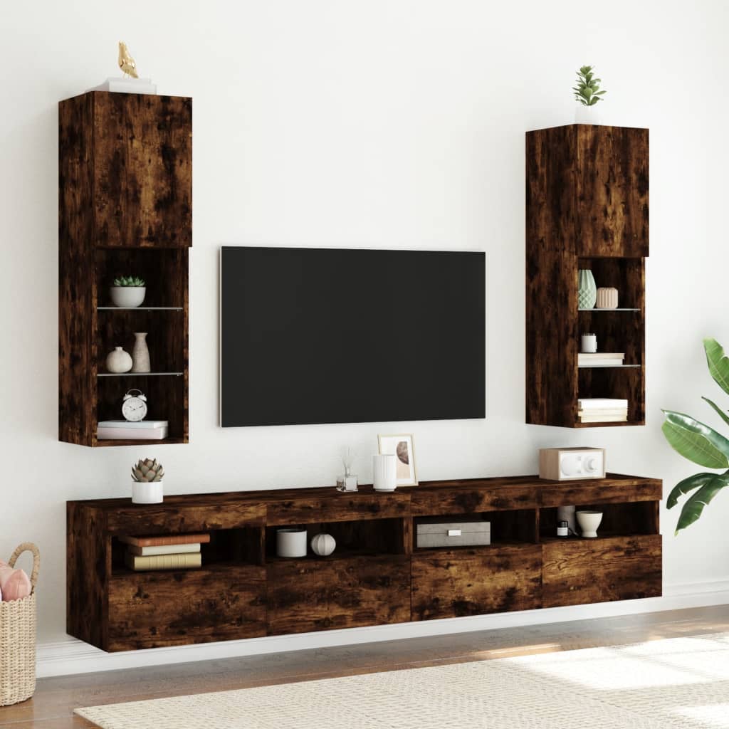 vidaXL TV Cabinet with LED Lights Smoked Oak 30.5x30x102 cm 3