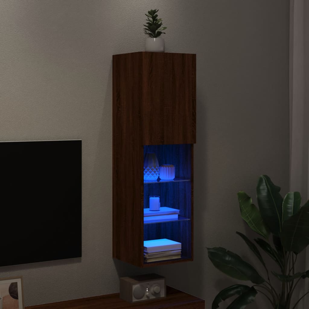 vidaXL TV Cabinet with LED Lights Brown Oak 30.5x30x102 cm 5
