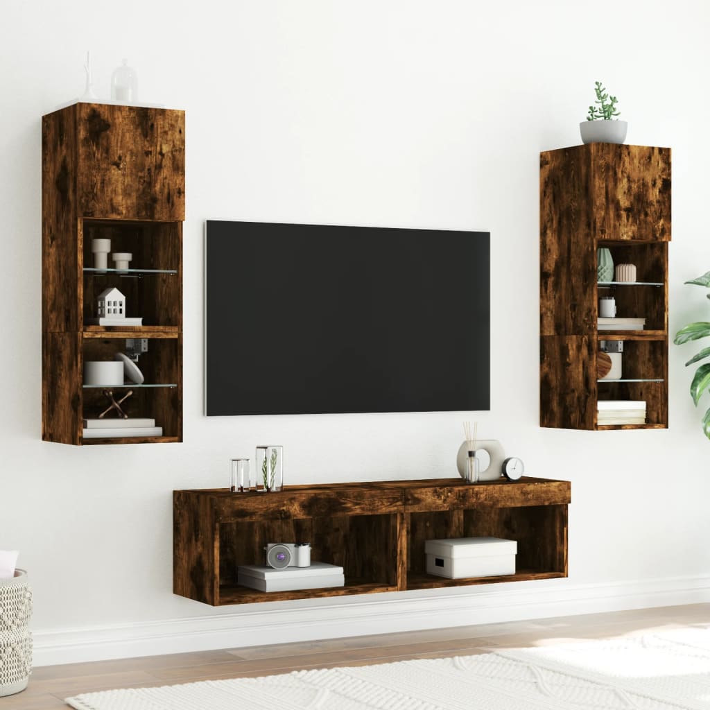 vidaXL TV Cabinets with LED Lights 2 pcs Smoked Oak 60x30x30 cm 4