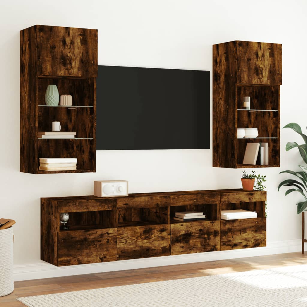 vidaXL TV Wall Cabinets with LED Lights 2 pcs Smoked Oak 40x30x40 cm 5