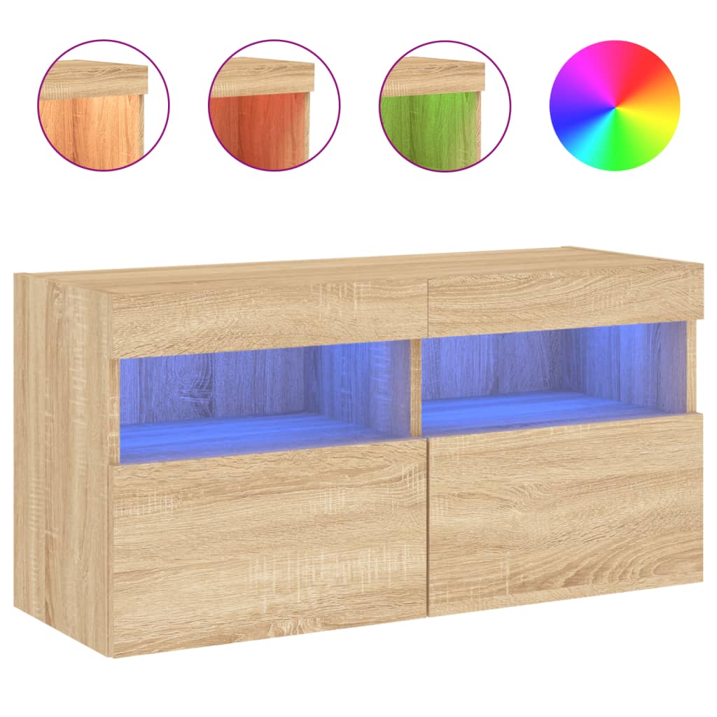 vidaXL TV Wall Cabinet with LED Lights Sonoma Oak 80x30x40 cm 2