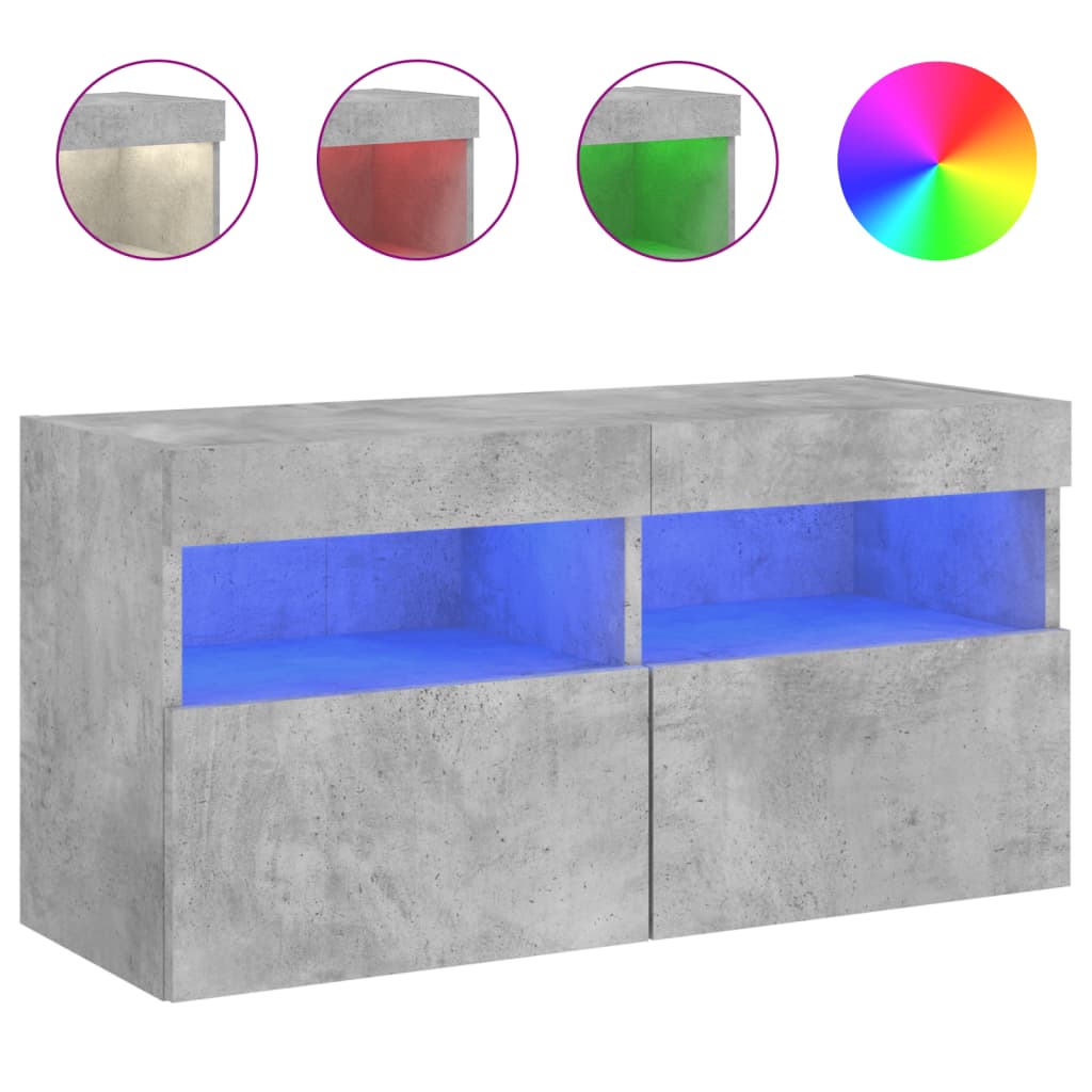 vidaXL TV Wall Cabinet with LED Lights Concrete Grey 80x30x40 cm 2