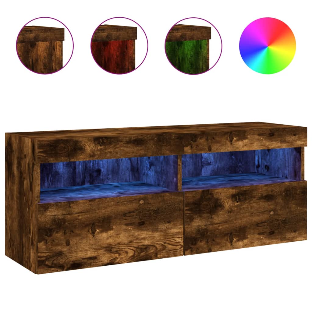 vidaXL TV Wall Cabinet with LED Lights Smoked Oak 100x30x40 cm 2