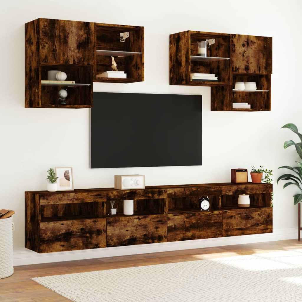 vidaXL TV Wall Cabinet with LED Lights Smoked Oak 100x30x40 cm 6