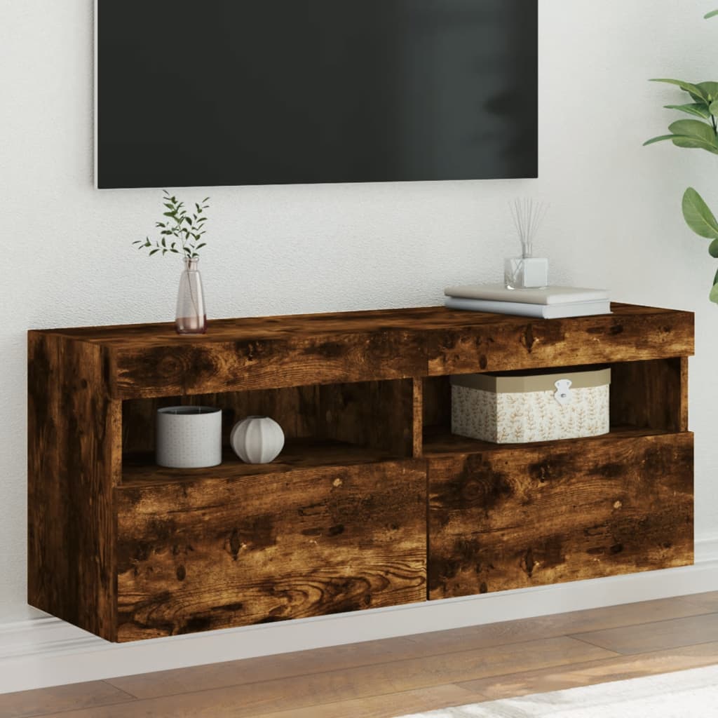 vidaXL TV Wall Cabinet with LED Lights Smoked Oak 100x30x40 cm 1
