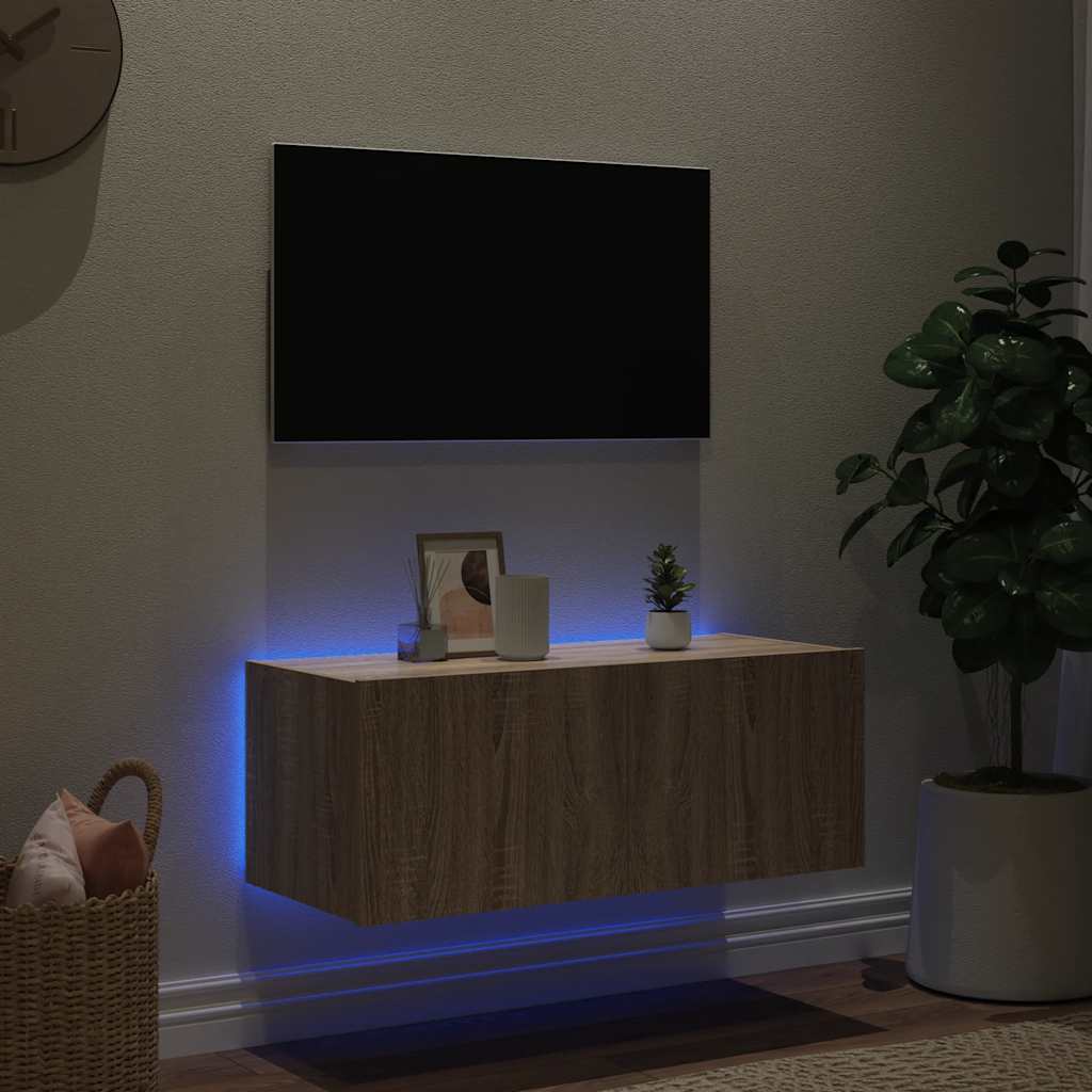 vidaXL TV Wall Cabinet with LED Lights Sonoma Oak 80x35x31 cm 3