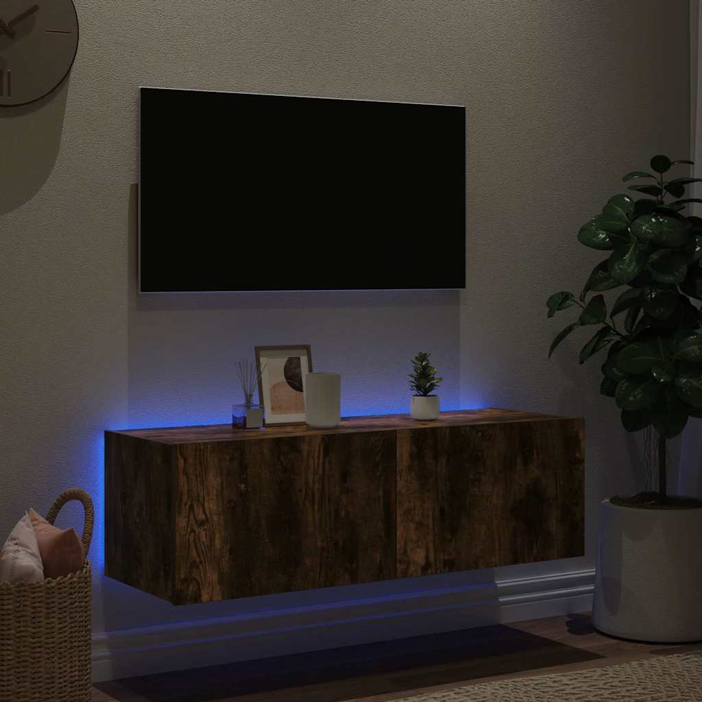 vidaXL TV Wall Cabinet with LED Lights Smoked Oak 100x35x31 cm 4