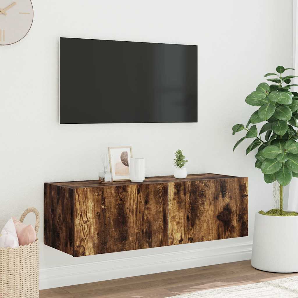 vidaXL TV Wall Cabinet with LED Lights Smoked Oak 100x35x31 cm 5