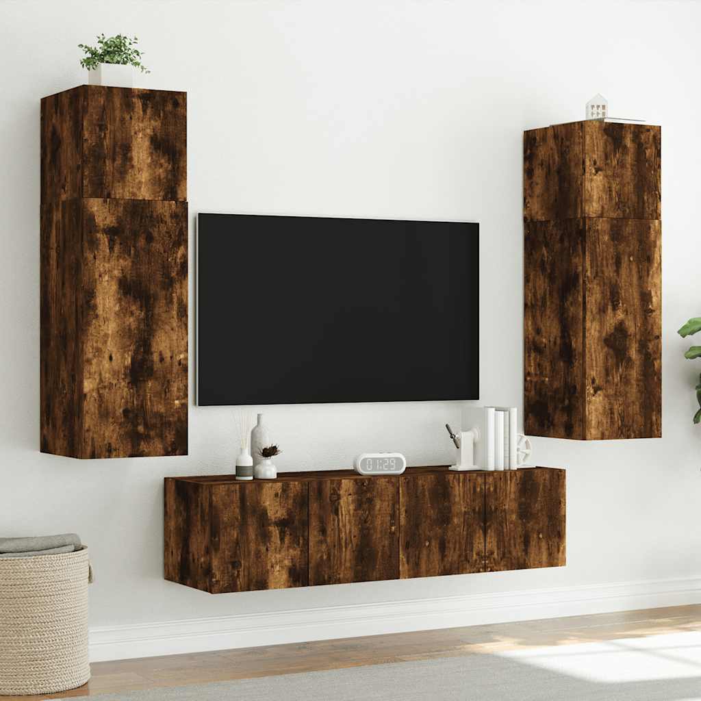 vidaXL TV Wall Cabinets with LED Lights 2 pcs Smoked Oak 60x35x41 cm 5