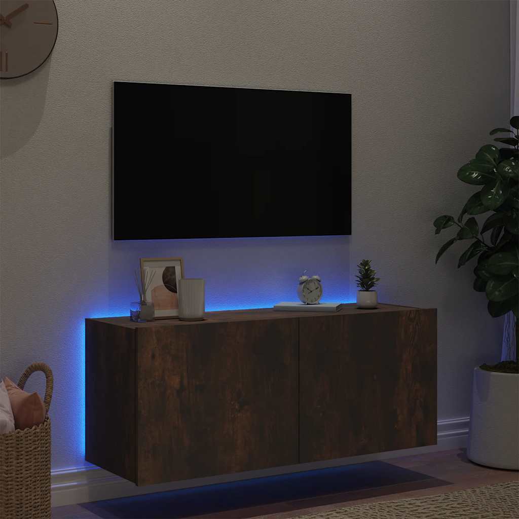 vidaXL TV Wall Cabinet with LED Lights Smoked Oak 100x35x41 cm 4