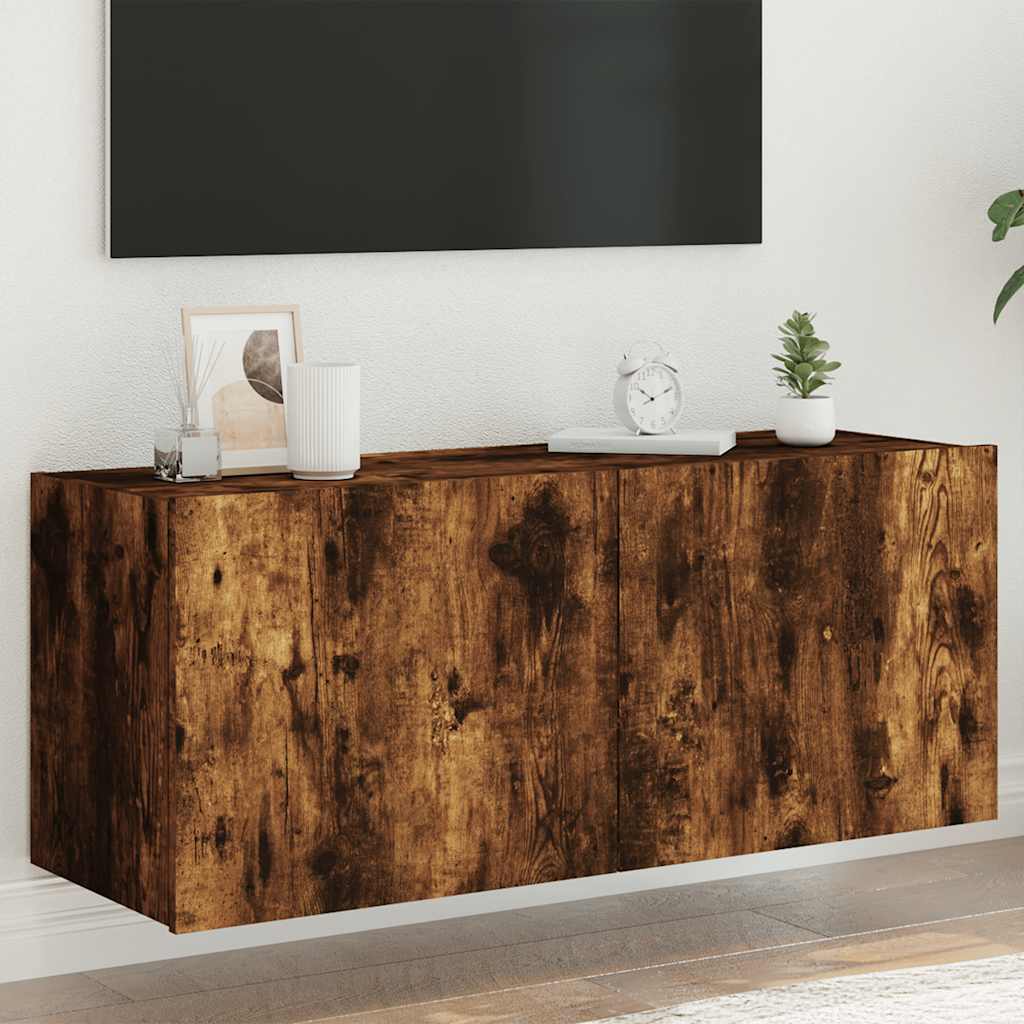 vidaXL TV Wall Cabinet with LED Lights Smoked Oak 100x35x41 cm 1