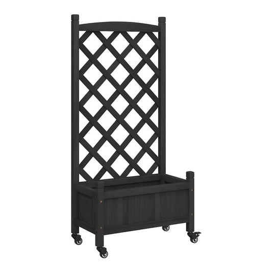 Planter with Trellis and Wheels Solid Wood Fir with trellis & wheels Width 55 cm Black