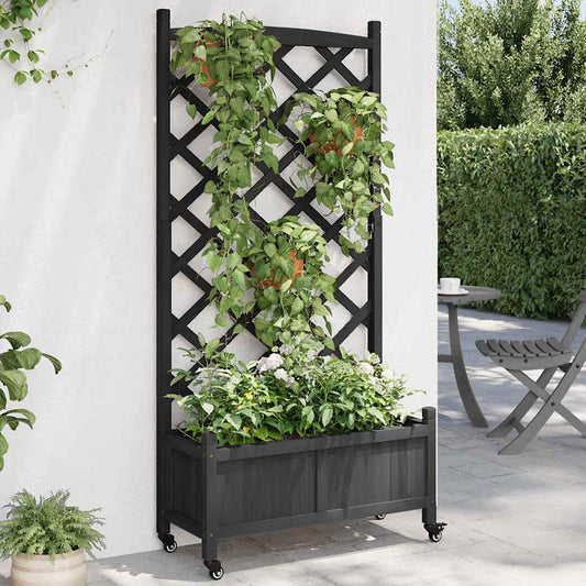 vidaXL Planter with Trellis and Wheels Black Solid Wood Fir 1