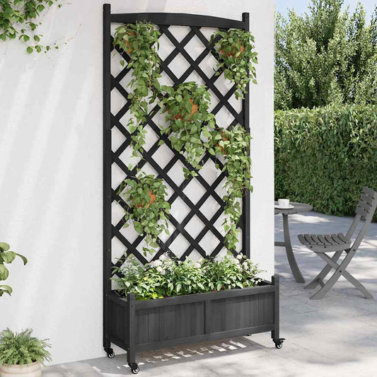 vidaXL Planter with Trellis and Wheels Black Solid Wood Fir 1