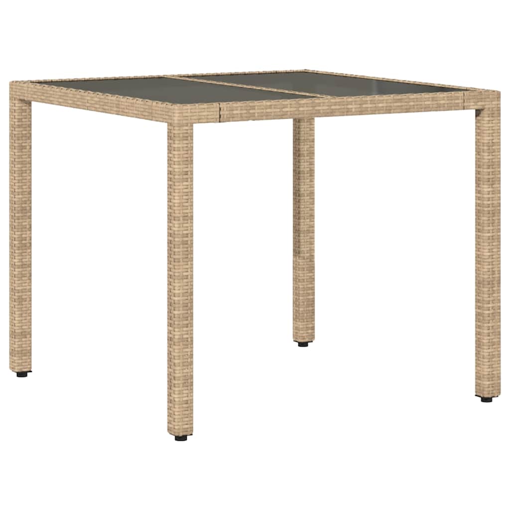 Garden Table with Glass Top 90x90x75 cm Poly Rattan Beige