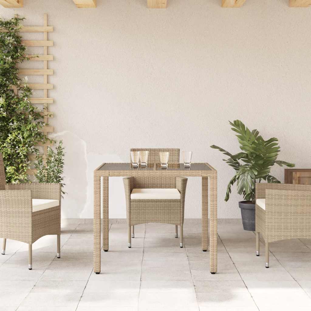 Garden Table with Glass Top 90x90x75 cm Poly Rattan Beige