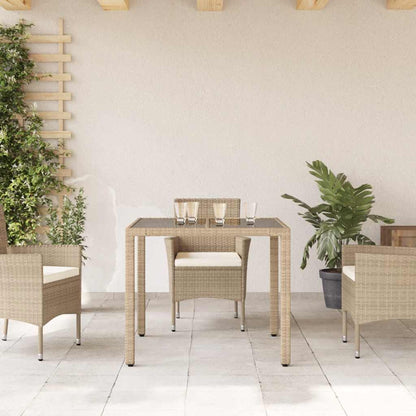 Garden Table with Glass Top 90x90x75 cm Poly Rattan Beige