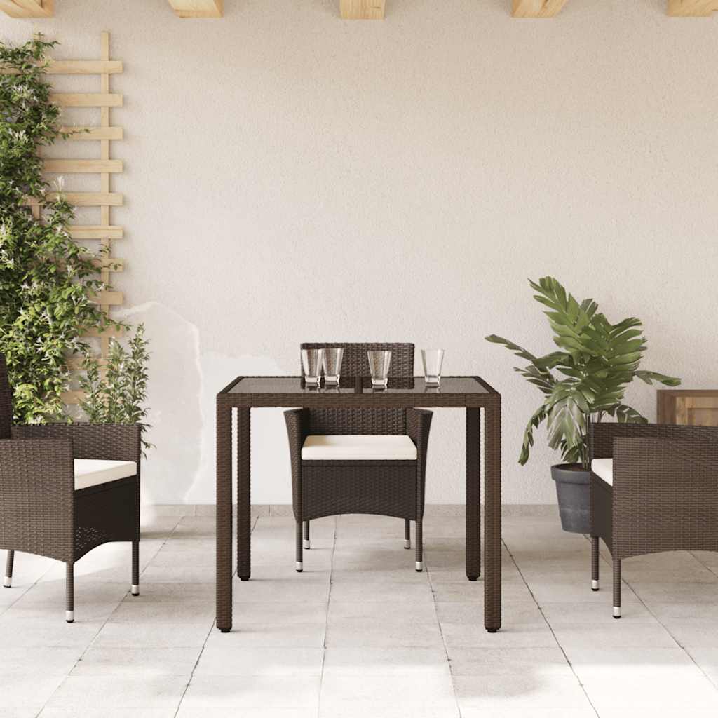 Garden Table with Glass Top 90x90x75 cm Poly Rattan Brown