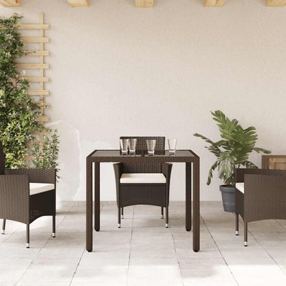 Garden Table with Glass Top 90x90x75 cm Poly Rattan Brown