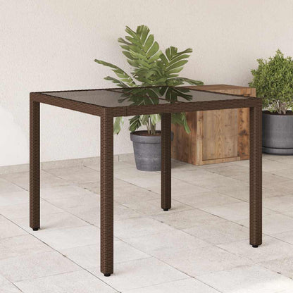 Garden Table with Glass Top 90x90x75 cm Poly Rattan Brown