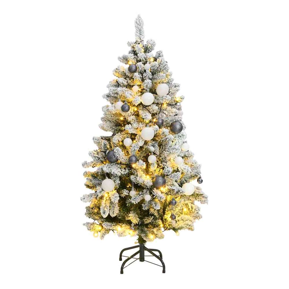 Artificial Christmas Tree 150 cm 150 LEDs Warm White Green and White Ø 80 x 150 cm with 150 LEDs&white/grey balls