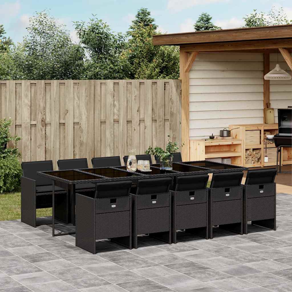 11 Piece Garden Dining Set with Cushions Poly Rattan Glass 10 pcs Black