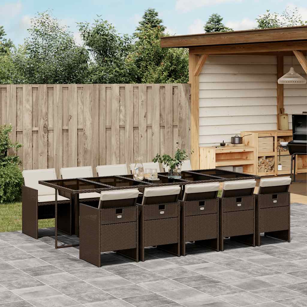 11 Piece Garden Dining Set with Cushions Poly Rattan Glass 10 pcs Brown