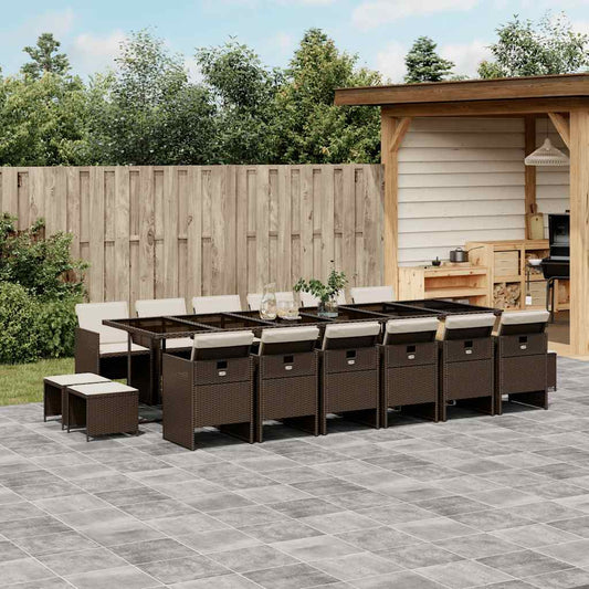 17 Piece Garden Dining Set with Cushions Poly Rattan Glass 16 pcs Brown