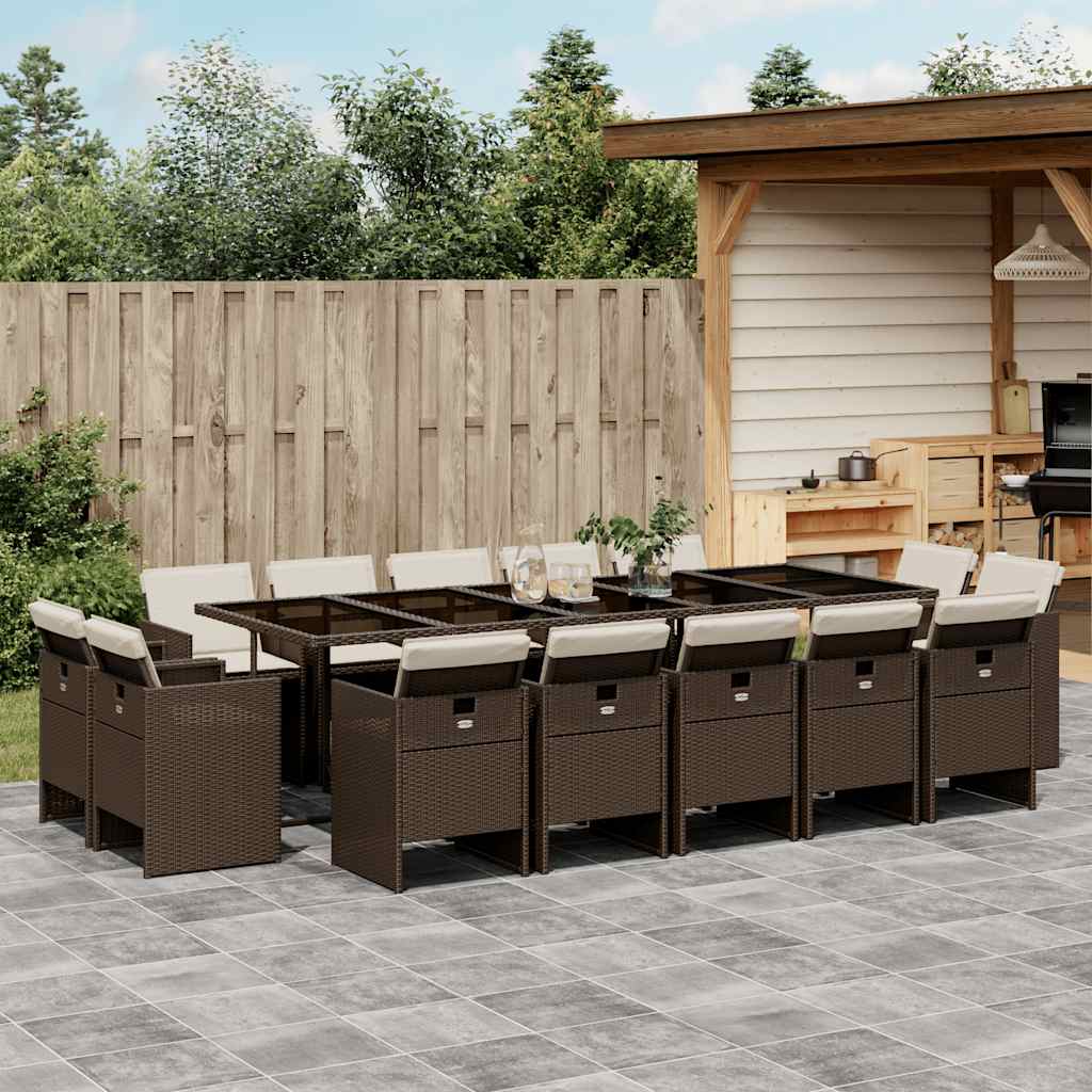 15 Piece Garden Dining Set with Cushions Poly Rattan Glass 14 pcs Brown and cream