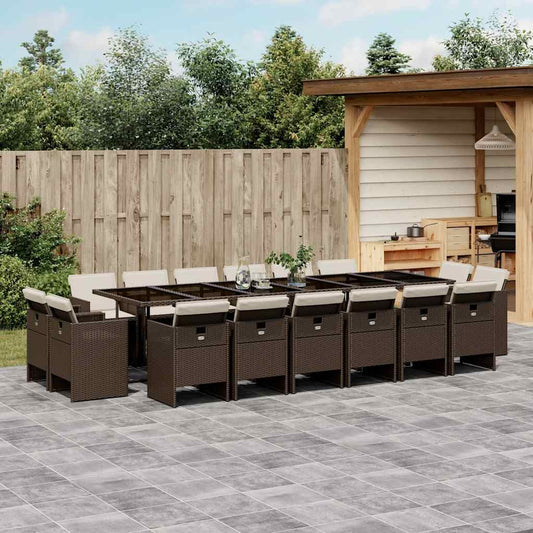 17 Piece Garden Dining Set with Cushions Poly Rattan Glass 16 pcs Brown and cream