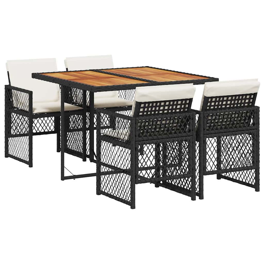 5 Piece Garden Dining Set with Cushions Poly Rattan Wood Black and cream 4
