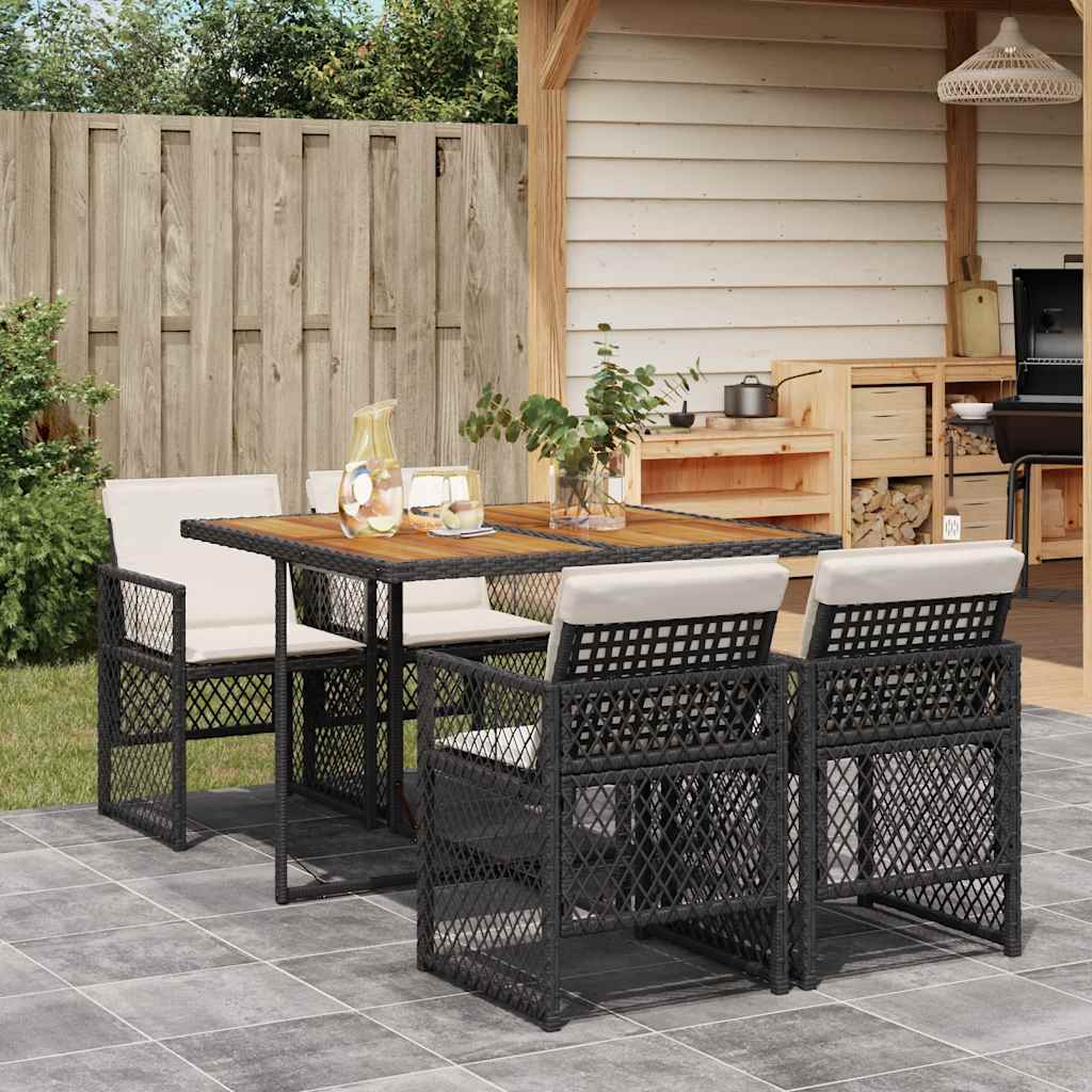 5 Piece Garden Dining Set with Cushions Poly Rattan Wood Black and cream 4
