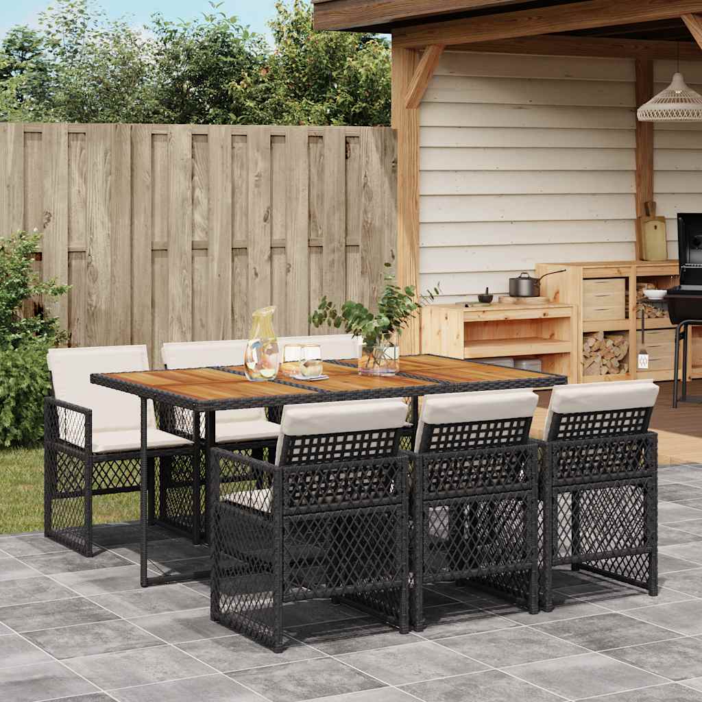 5 Piece Garden Dining Set with Cushions Poly Rattan Wood Black and cream 6