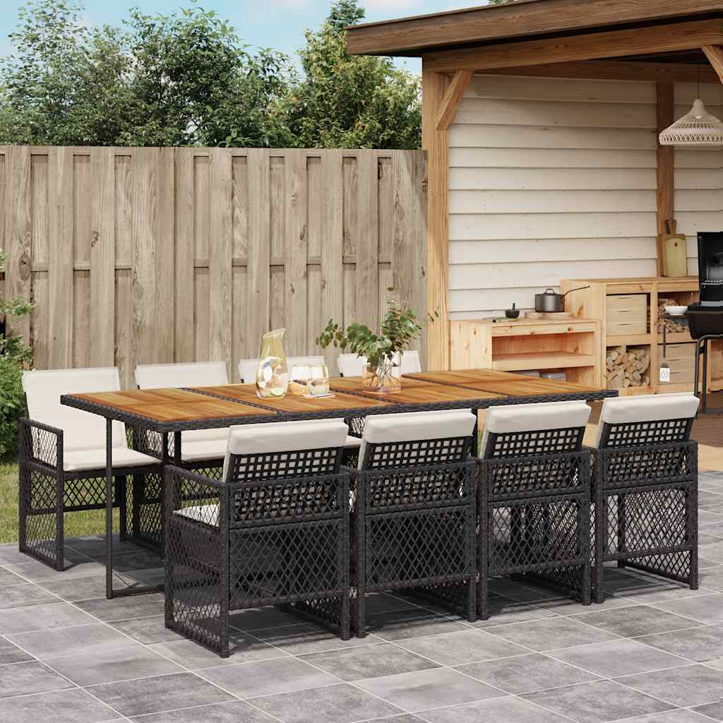 5 Piece Garden Dining Set with Cushions Poly Rattan Wood Black and cream 8