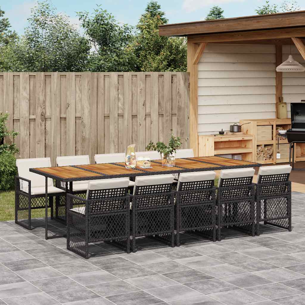 5 Piece Garden Dining Set with Cushions Poly Rattan Wood Black and cream 10