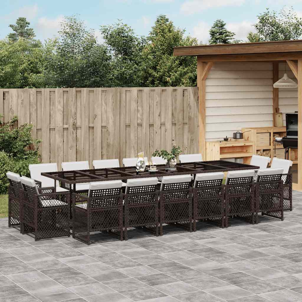 17 Piece Garden Dining Set with Cushions Poly Rattan Glass 16 pcs Brown