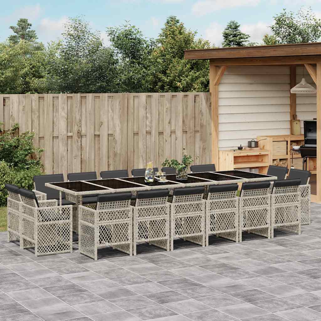 17 Piece Garden Dining Set with Cushions Poly Rattan Glass 16 pcs Light grey