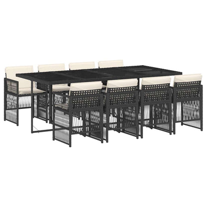 9 Piece Garden Dining Set with Cushions Poly Rattan Glass 8 pcs Black and cream