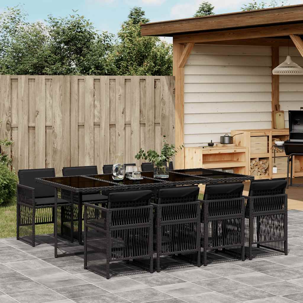 9 Piece Garden Dining Set with Cushions Poly Rattan Glass 8 pcs Black