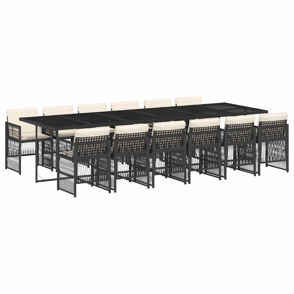 13 Piece Garden Dining Set with Cushions Poly Rattan Glass 12 pcs Black and cream
